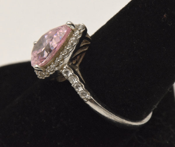 Vintage Sterling Silver Pink Cubic Zirconia Halo Ring - Size 9.25 - Missing Stone