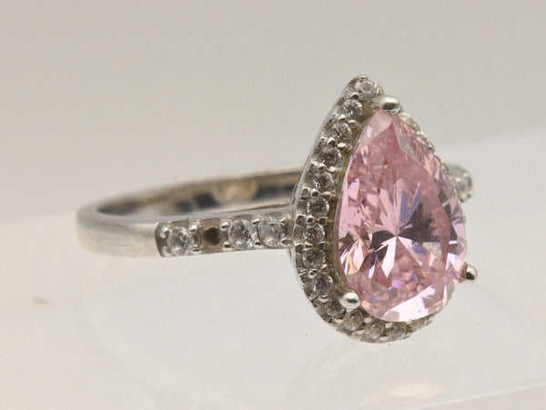 Vintage Sterling Silver Pink Cubic Zirconia Halo Ring - Size 9.25 - Missing Stone