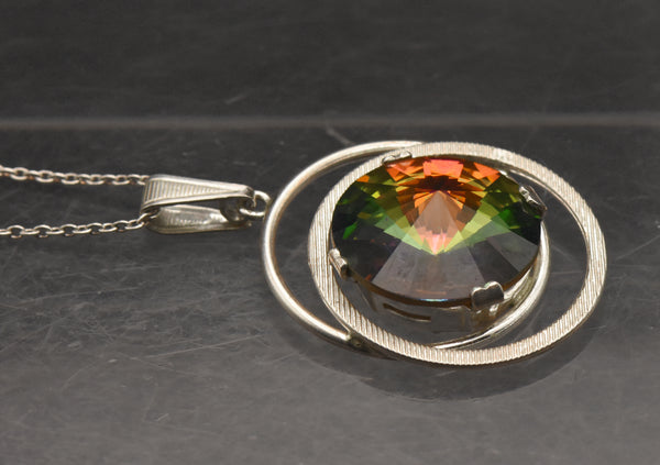 Vintage Colorful Prismatic Glass Silver Pendant on Silver Chain Necklace - 17.5"