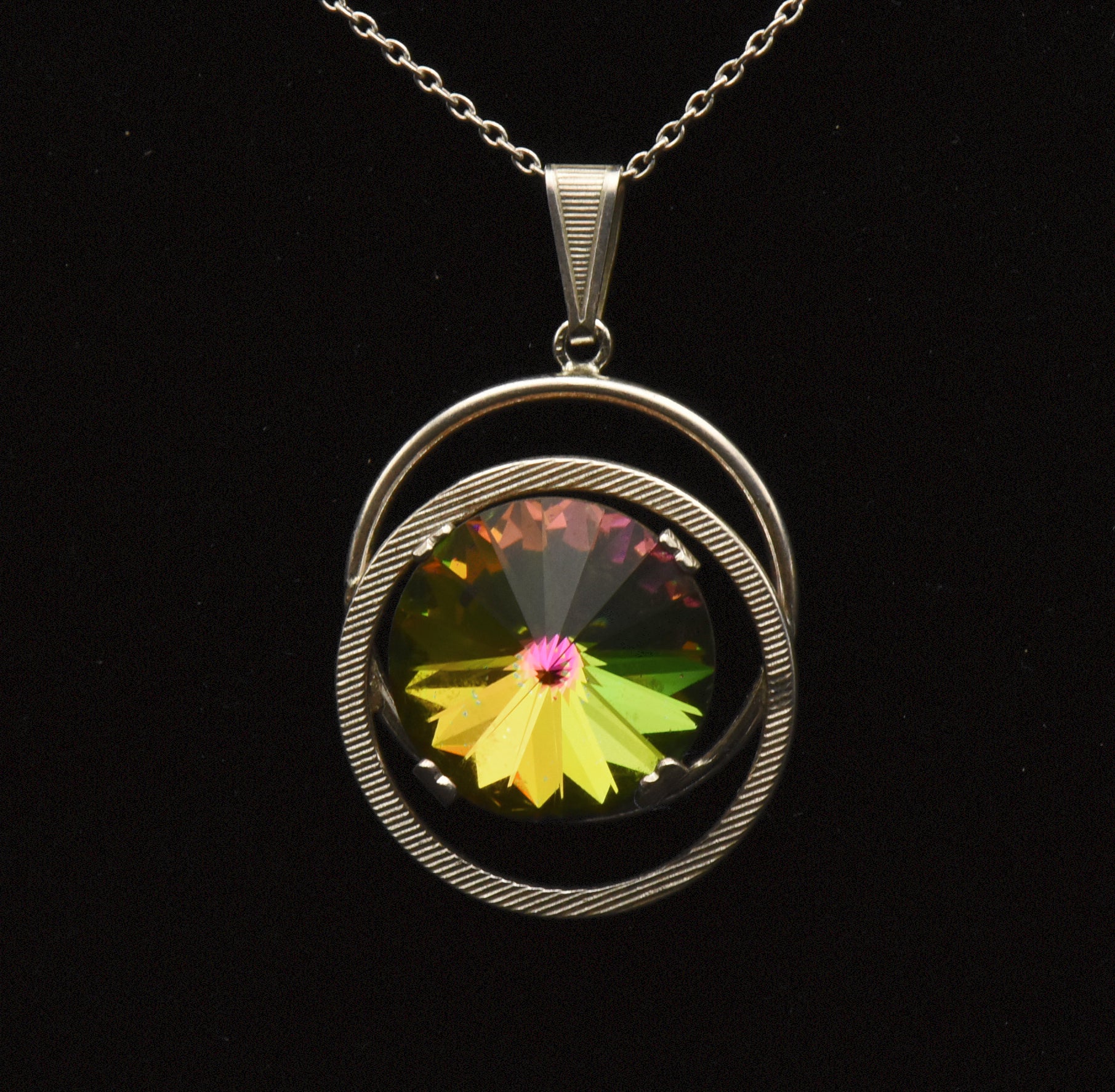 Vintage Colorful Prismatic Glass Silver Pendant on Silver Chain Necklace - 17.5"