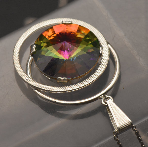 Vintage Colorful Prismatic Glass Silver Pendant on Silver Chain Necklace - 17.5"