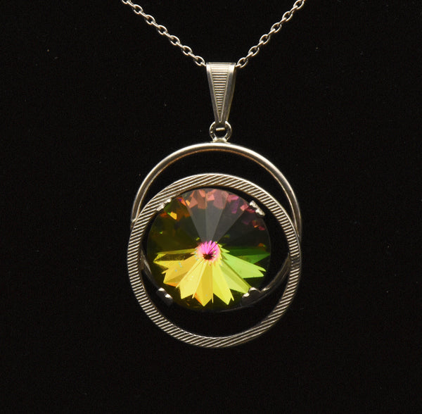 Vintage Colorful Prismatic Glass Silver Pendant on Silver Chain Necklace - 17.5"