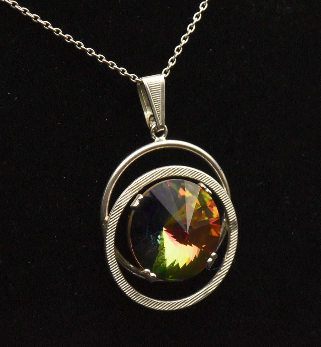 Vintage Colorful Prismatic Glass Silver Pendant on Silver Chain Necklace - 17.5"