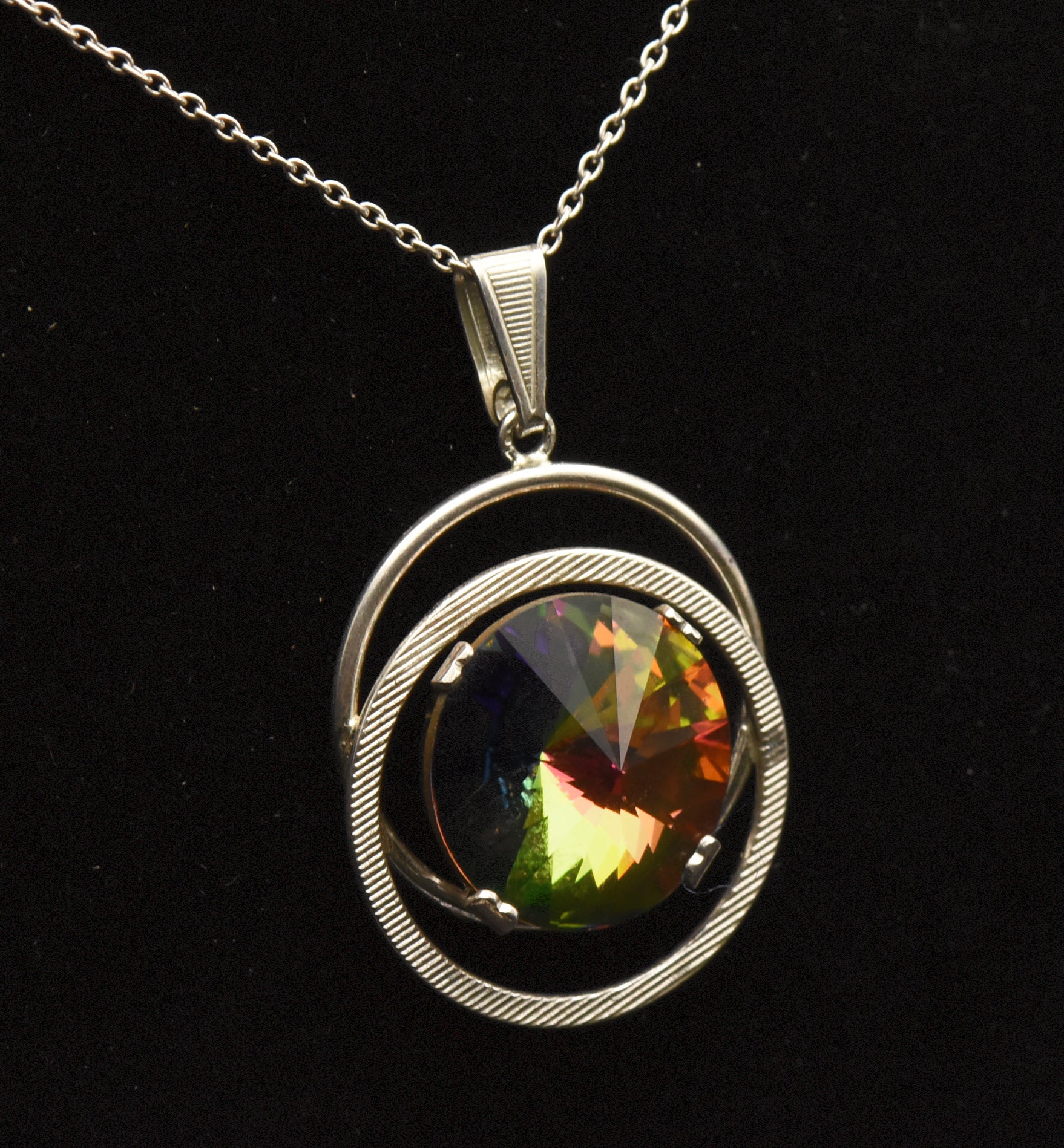 Vintage Colorful Prismatic Glass Silver Pendant on Silver Chain Necklace - 17.5"
