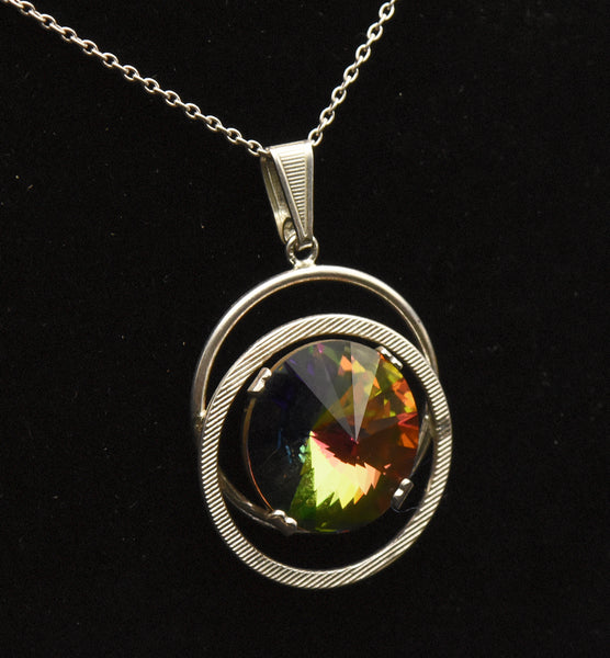 Vintage Colorful Prismatic Glass Silver Pendant on Silver Chain Necklace - 17.5"