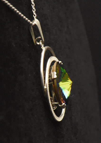 Vintage Colorful Prismatic Glass Silver Pendant on Silver Chain Necklace - 17.5"