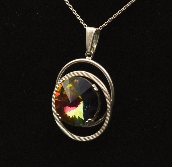 Vintage Colorful Prismatic Glass Silver Pendant on Silver Chain Necklace - 17.5"