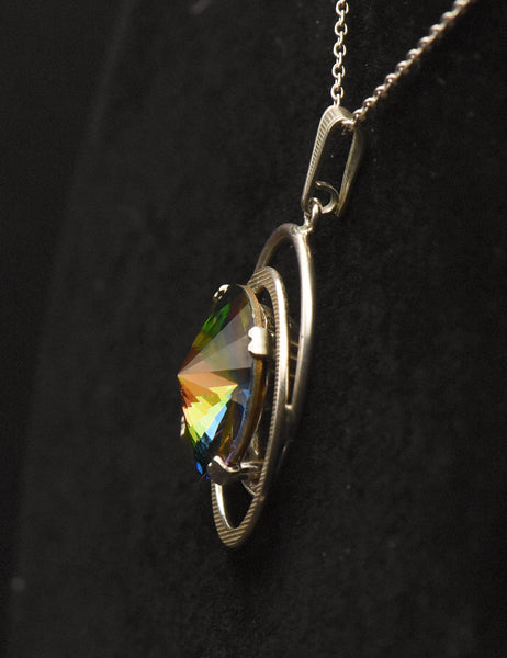 Vintage Colorful Prismatic Glass Silver Pendant on Silver Chain Necklace - 17.5"