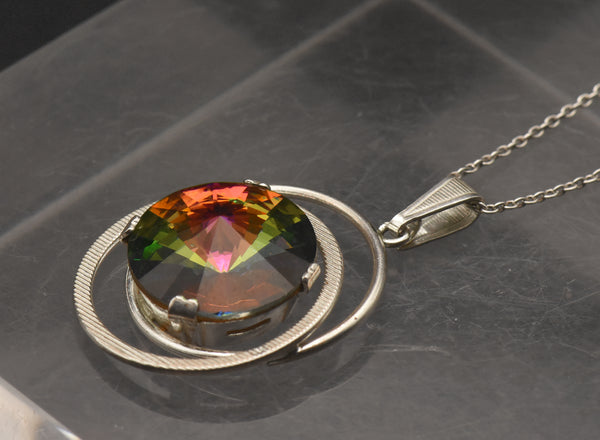 Vintage Colorful Prismatic Glass Silver Pendant on Silver Chain Necklace - 17.5"