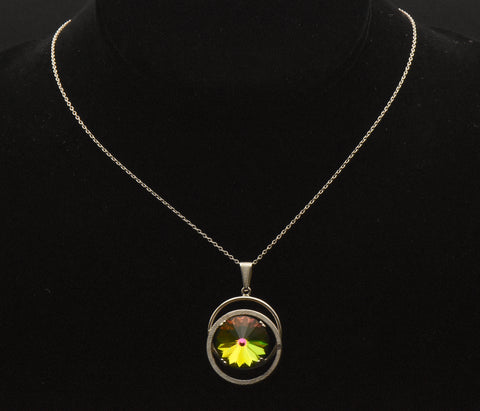 Vintage Colorful Prismatic Glass Silver Pendant on Silver Chain Necklace - 17.5"