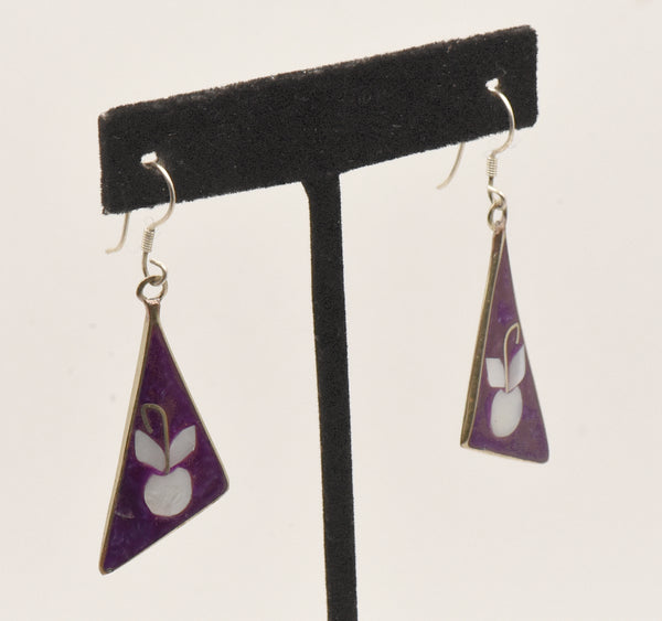 Vintage Alpaca Enamel Inlaid Shell Dangle Earrings