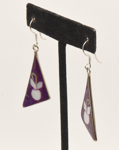 Vintage Alpaca Enamel Inlaid Shell Dangle Earrings