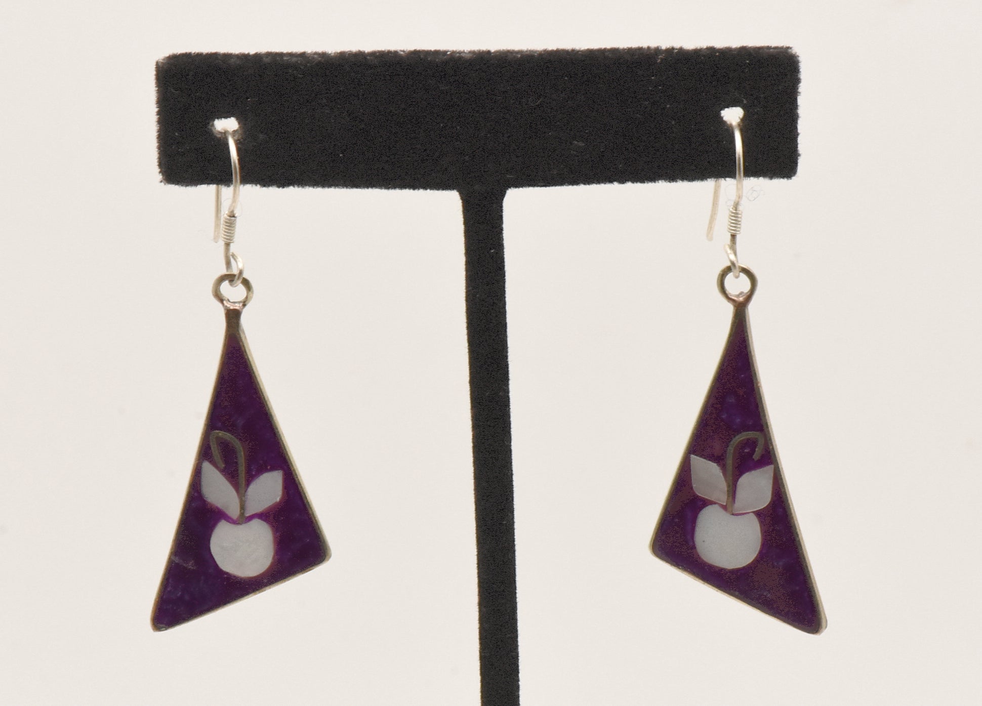 Vintage Alpaca Enamel Inlaid Shell Dangle Earrings