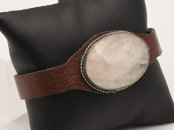 Vintage Quartz Cabochon Faux Leather Adjustable Band Bracelet