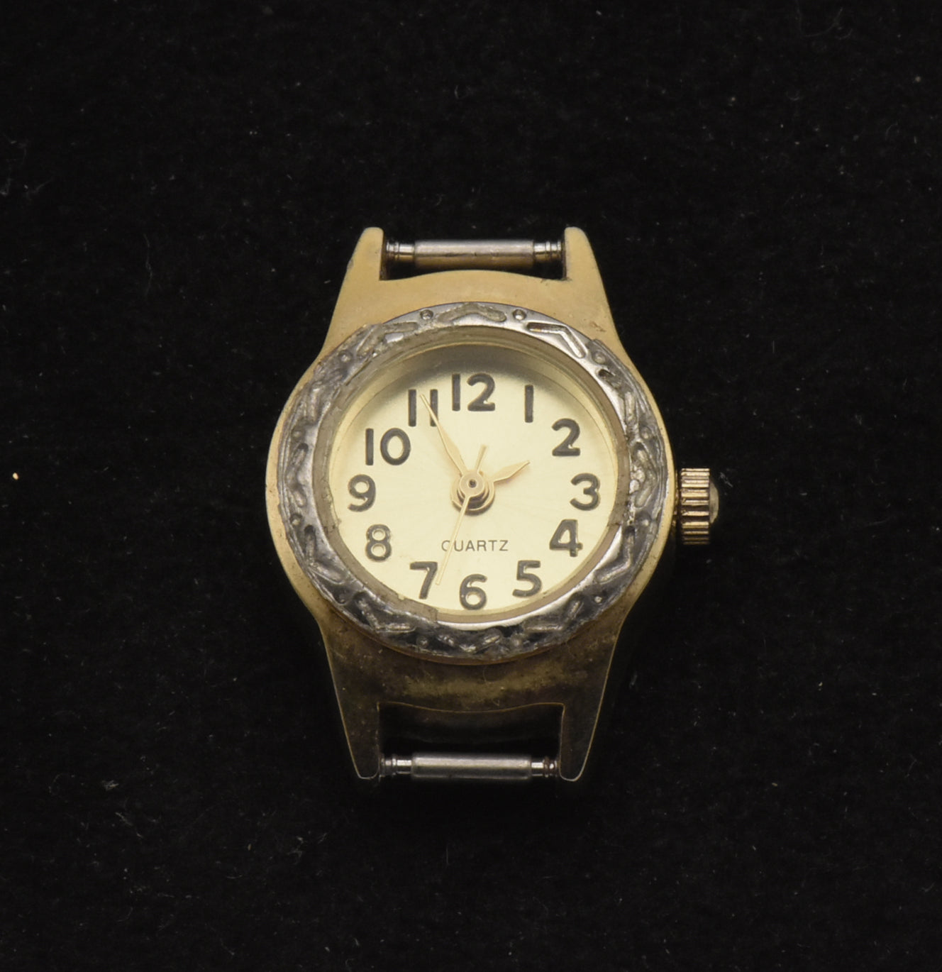 Vintage Gold Tone Metal with Silver Tone Engraved Bezel Analog Watch Face