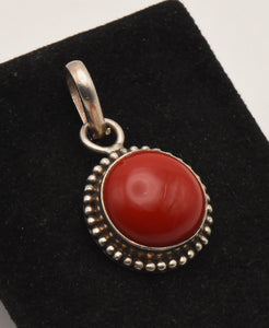 Vintage Sterling Silver Opaque Red Glass Cabochon Pendant