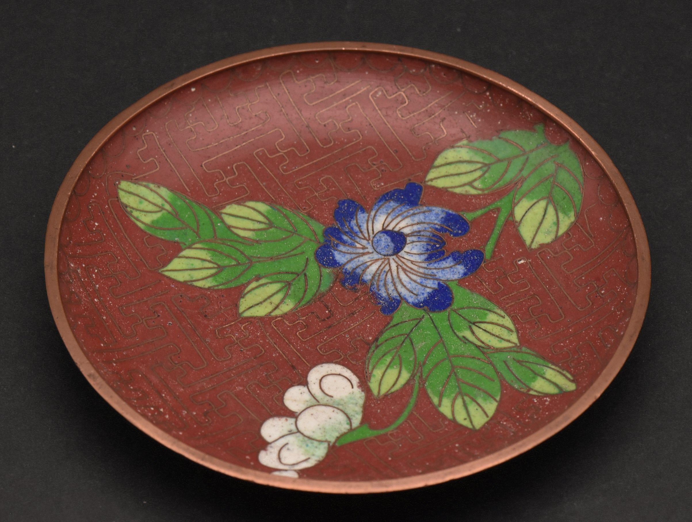 Vintage Red Cloisonne Floral Enamel Trinket Dish