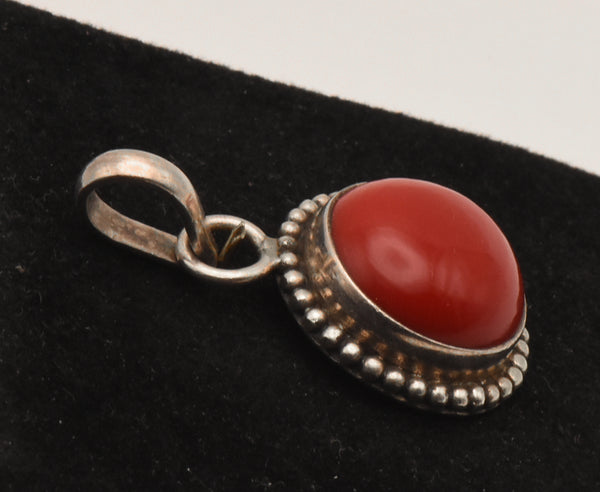 Vintage Sterling Silver Opaque Red Glass Cabochon Pendant