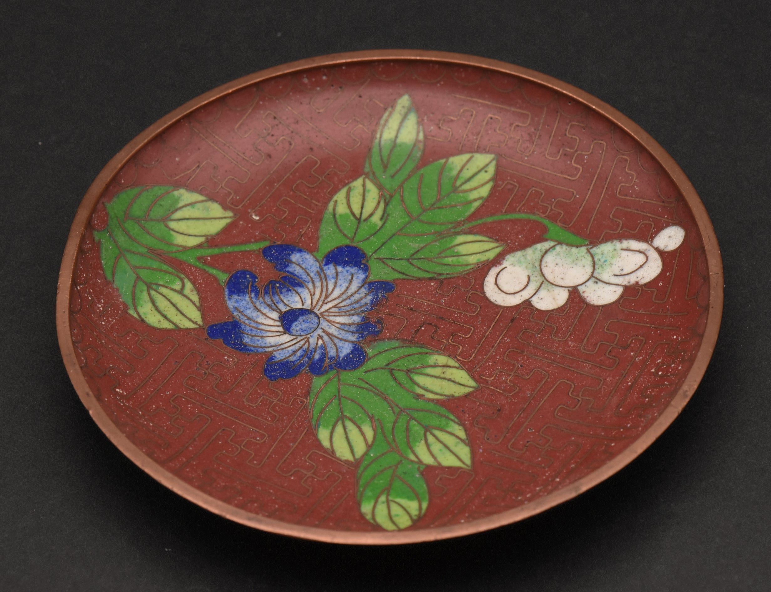 Vintage Red Cloisonne Floral Enamel Trinket Dish