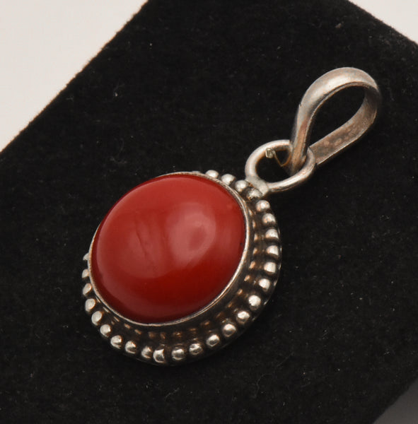 Vintage Sterling Silver Opaque Red Glass Cabochon Pendant