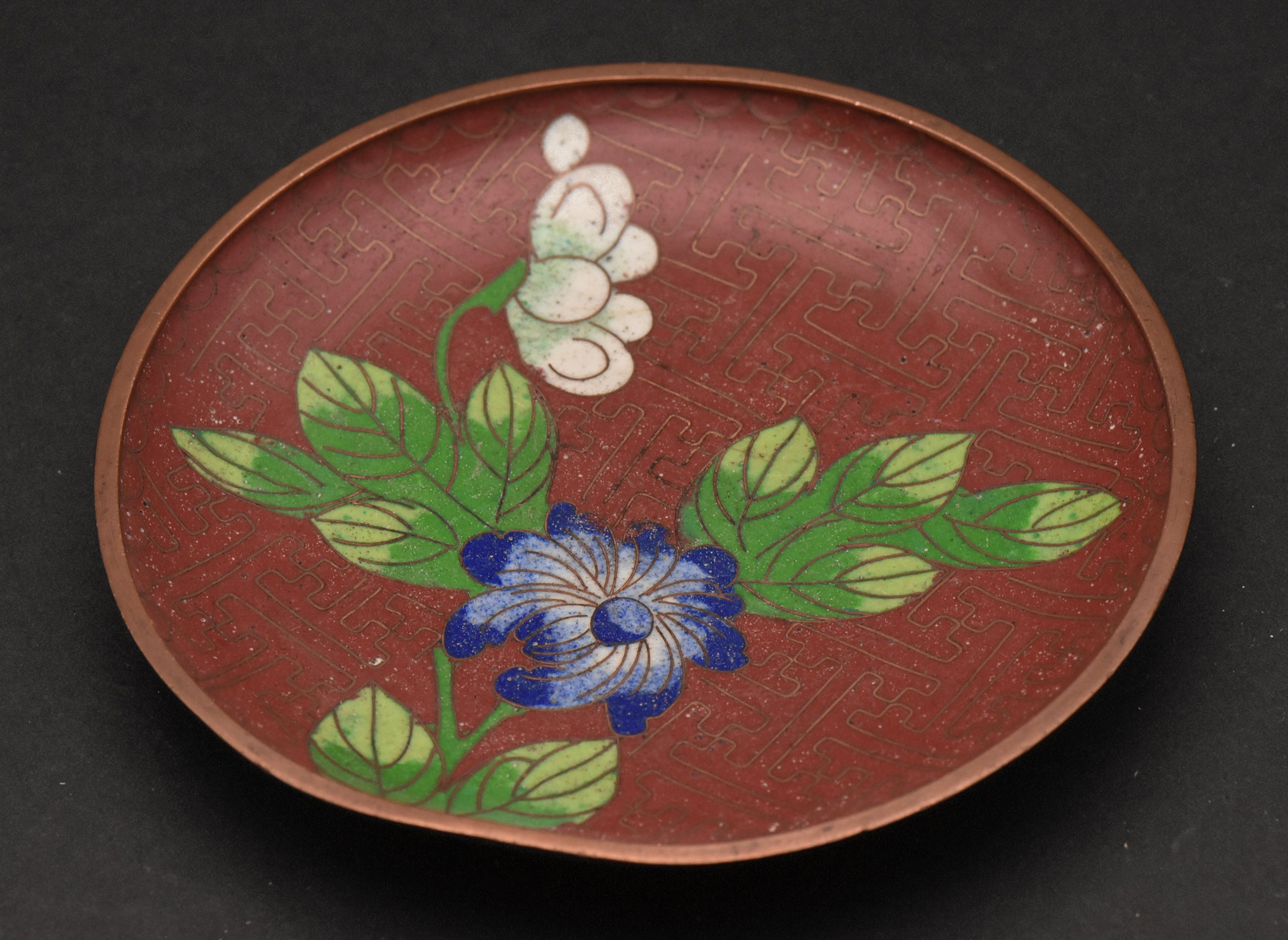 Vintage Red Cloisonne Floral Enamel Trinket Dish