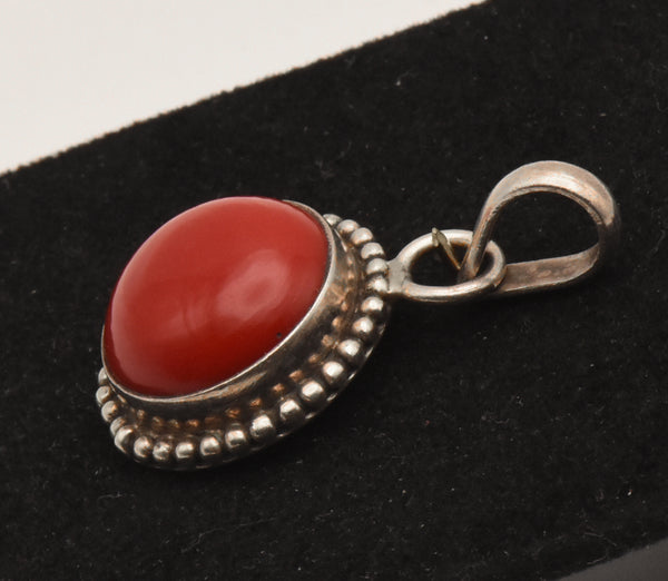 Vintage Sterling Silver Opaque Red Glass Cabochon Pendant