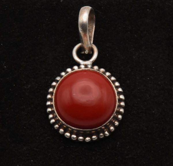 Vintage Sterling Silver Opaque Red Glass Cabochon Pendant