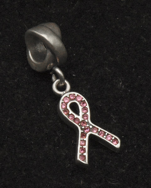 Vintage Italian Sterling Silver Dangling Pink Rhinestone Ribbon Charm