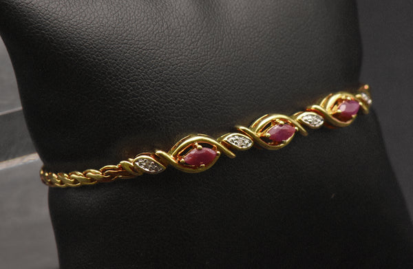 Vintage Rubies and Diamonds Gold Tone Sterling Silver Chain Bracelet - 7.25"