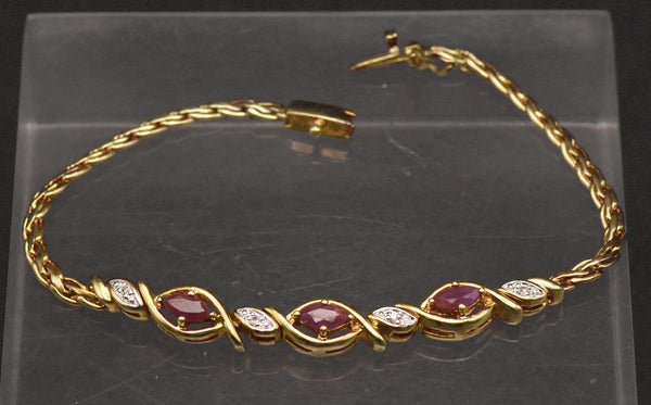 Vintage Rubies and Diamonds Gold Tone Sterling Silver Chain Bracelet - 7.25"