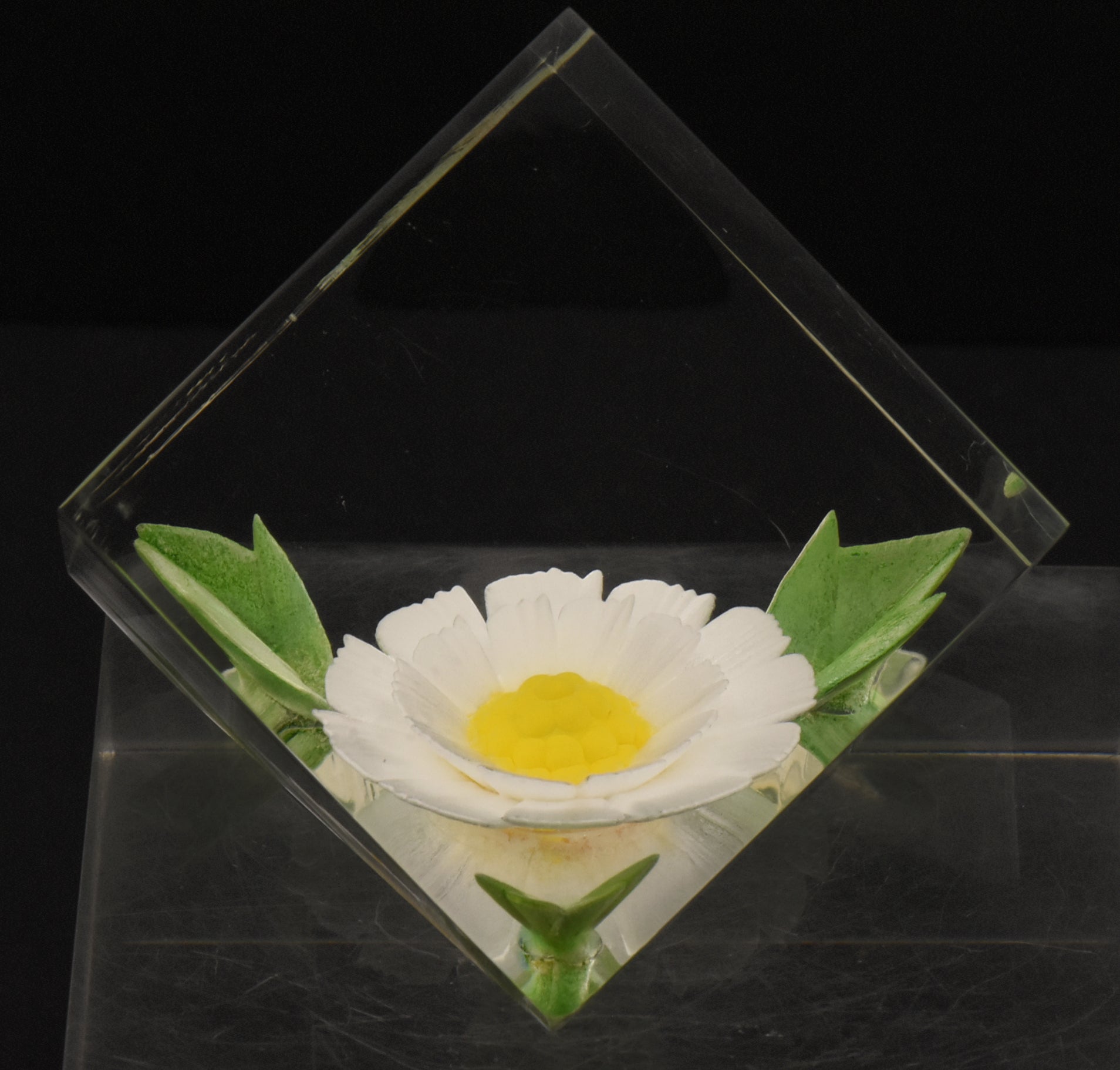 Russ - Vintage Acrylic Daisy in a Cube Paperweight