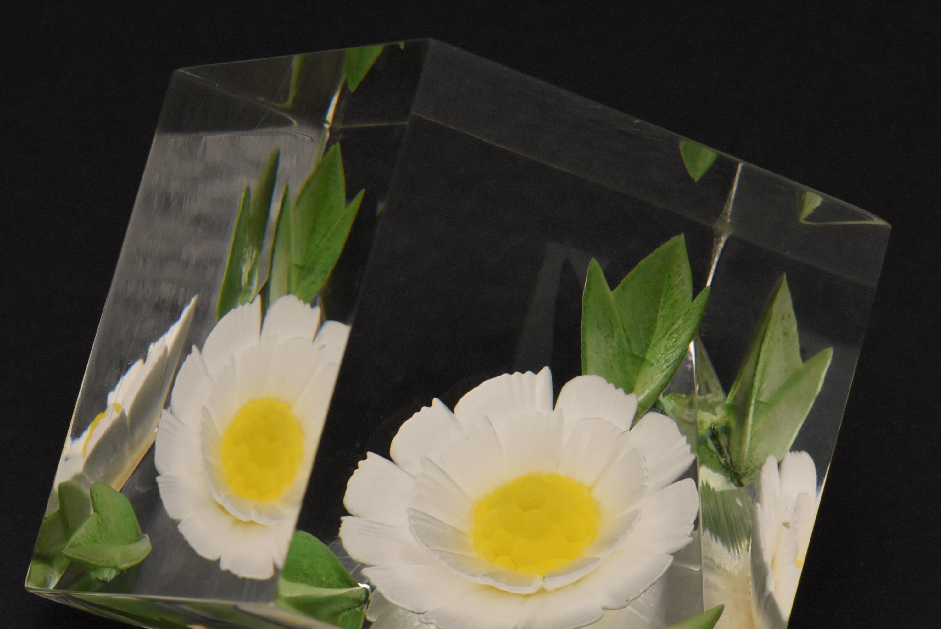 Russ - Vintage Acrylic Daisy in a Cube Paperweight