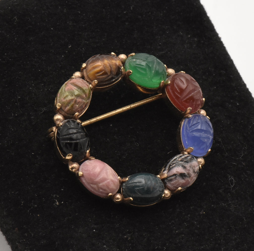 Van Dell - Vintage 12K Gold Filled Carved Gemstone Scarab Beetle Brooch