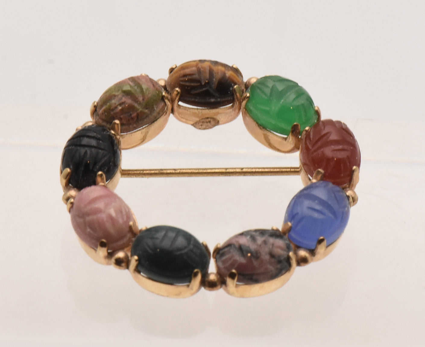 Van Dell - Vintage 12K Gold Filled Carved Gemstone Scarab Beetle Brooch