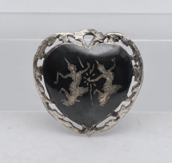 Vintage Sterling Silver Siamese Dancers Heart Brooch