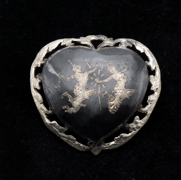 Vintage Sterling Silver Siamese Dancers Heart Brooch