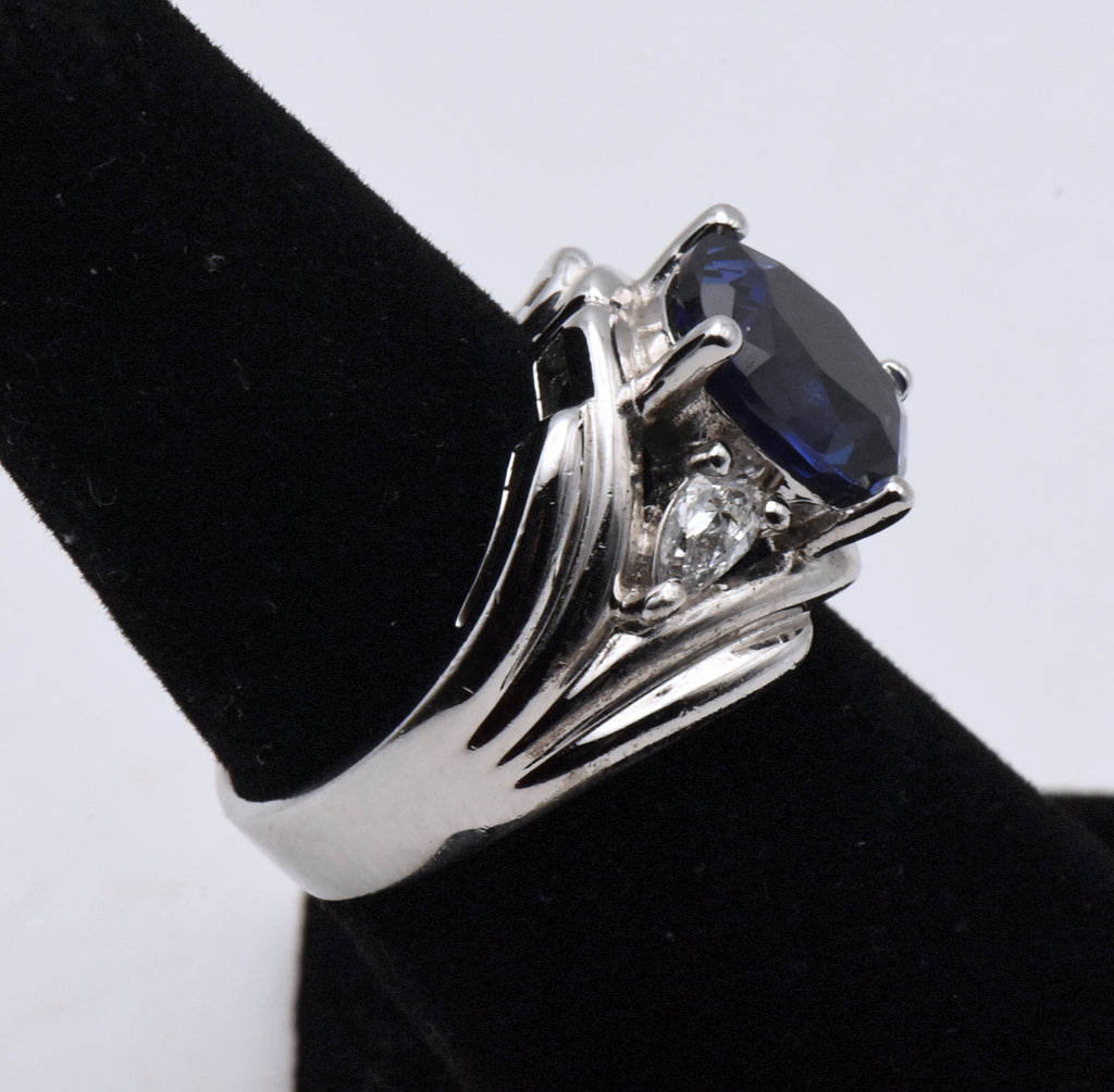 Sterling Silver Synthetic Blue Sapphire and Diamonique Cubic Zirconia Ring - Size 6