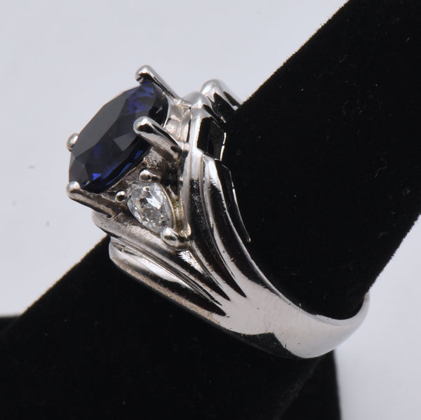 Sterling Silver Synthetic Blue Sapphire and Diamonique Cubic Zirconia Ring - Size 6
