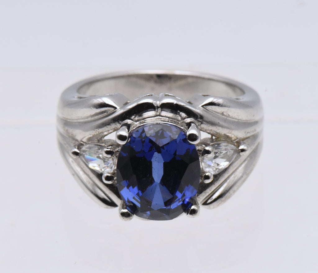 Sterling Silver Synthetic Blue Sapphire and Diamonique Cubic Zirconia Ring - Size 6