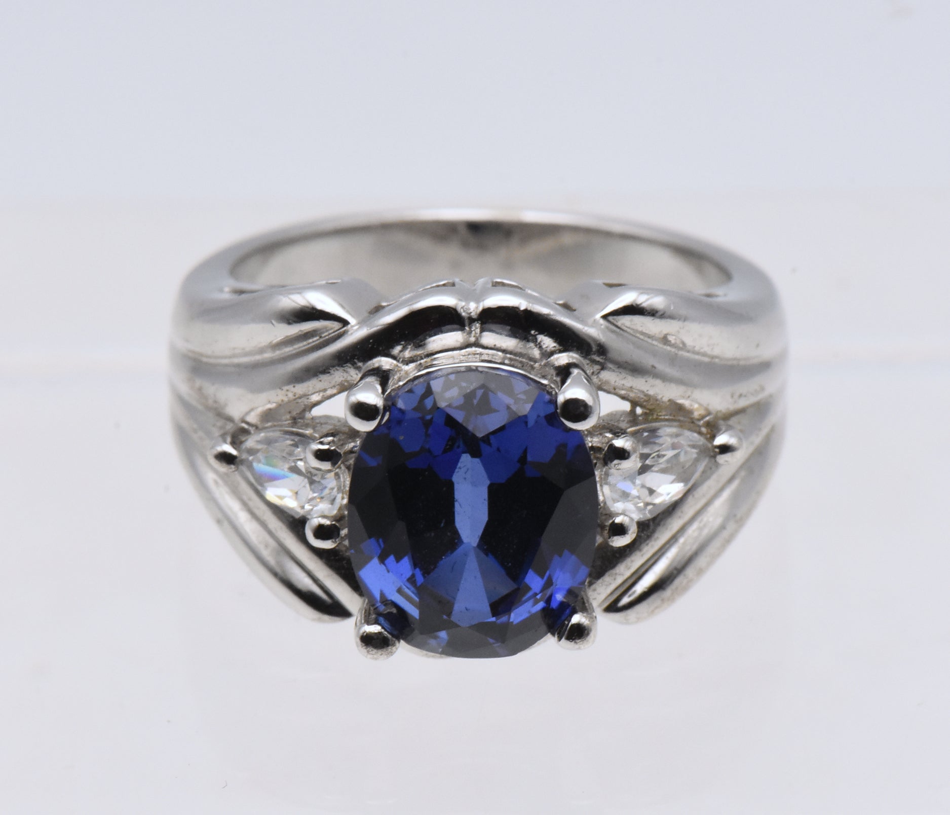 Sterling Silver Synthetic Blue Sapphire and Diamonique Cubic Zirconia Ring - Size 6