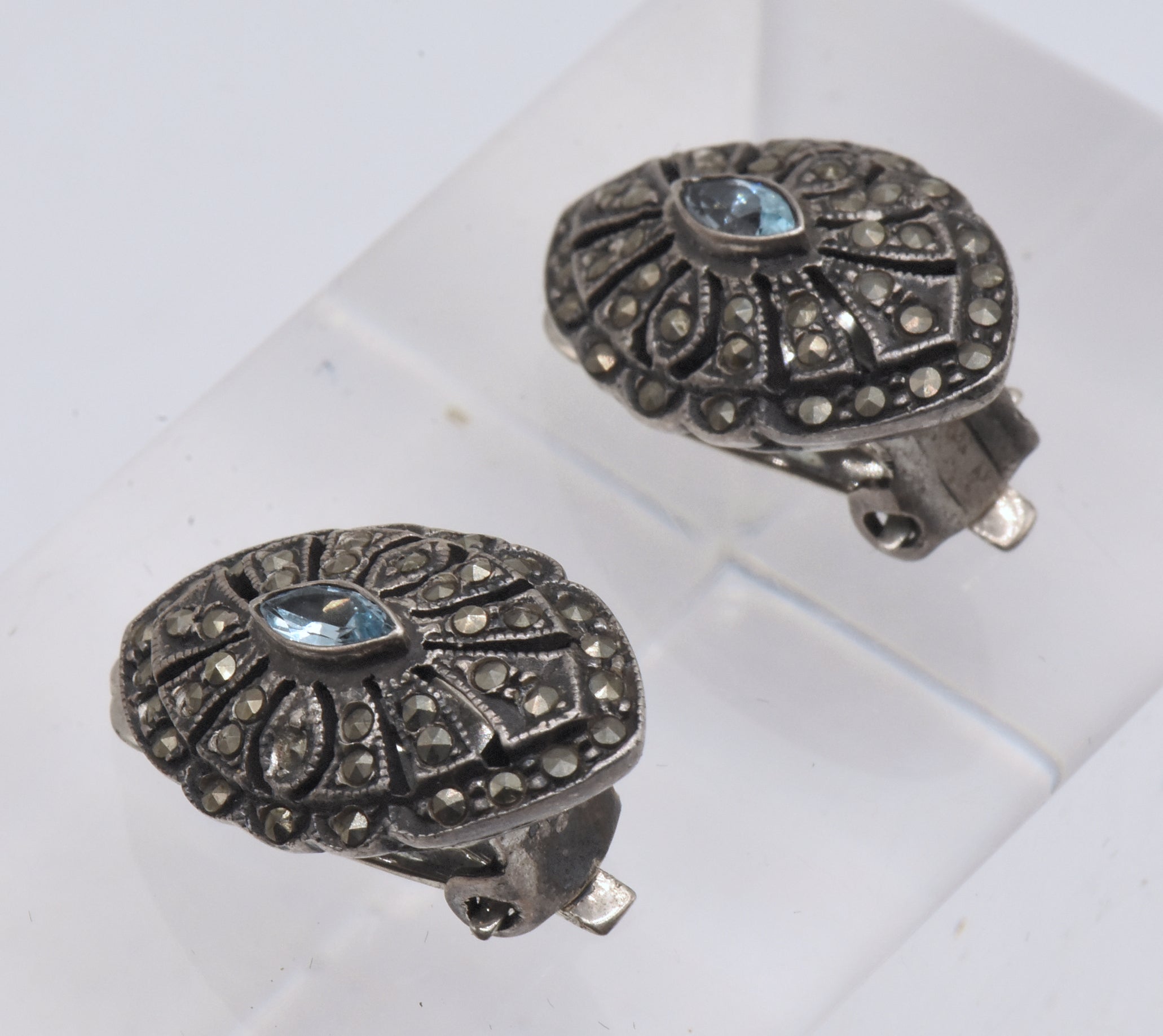 Vintage Sterling Silver Blue Topaz and Marcasite Art Deco Style Clip On Earrings
