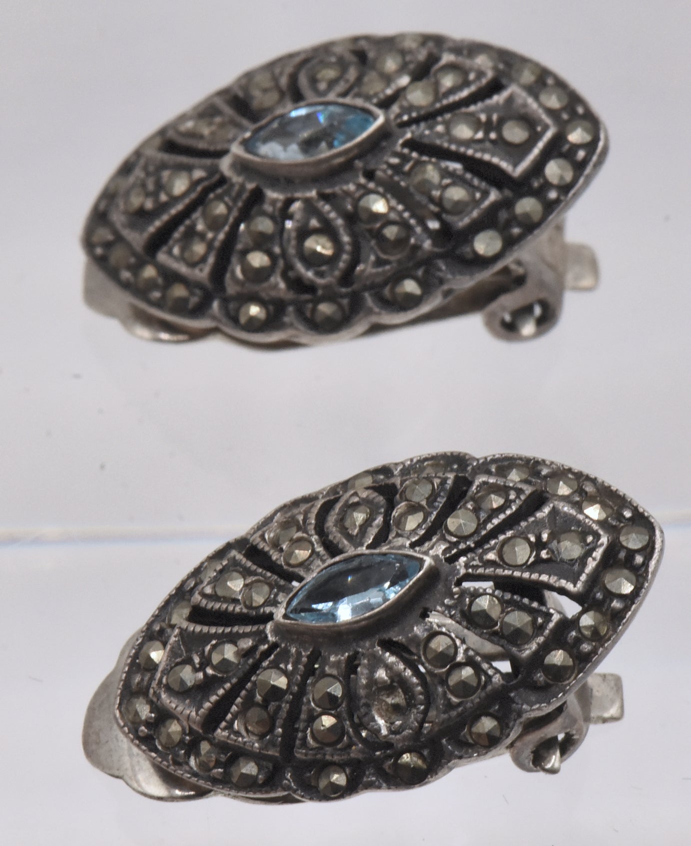 Vintage Sterling Silver Blue Topaz and Marcasite Art Deco Style Clip On Earrings