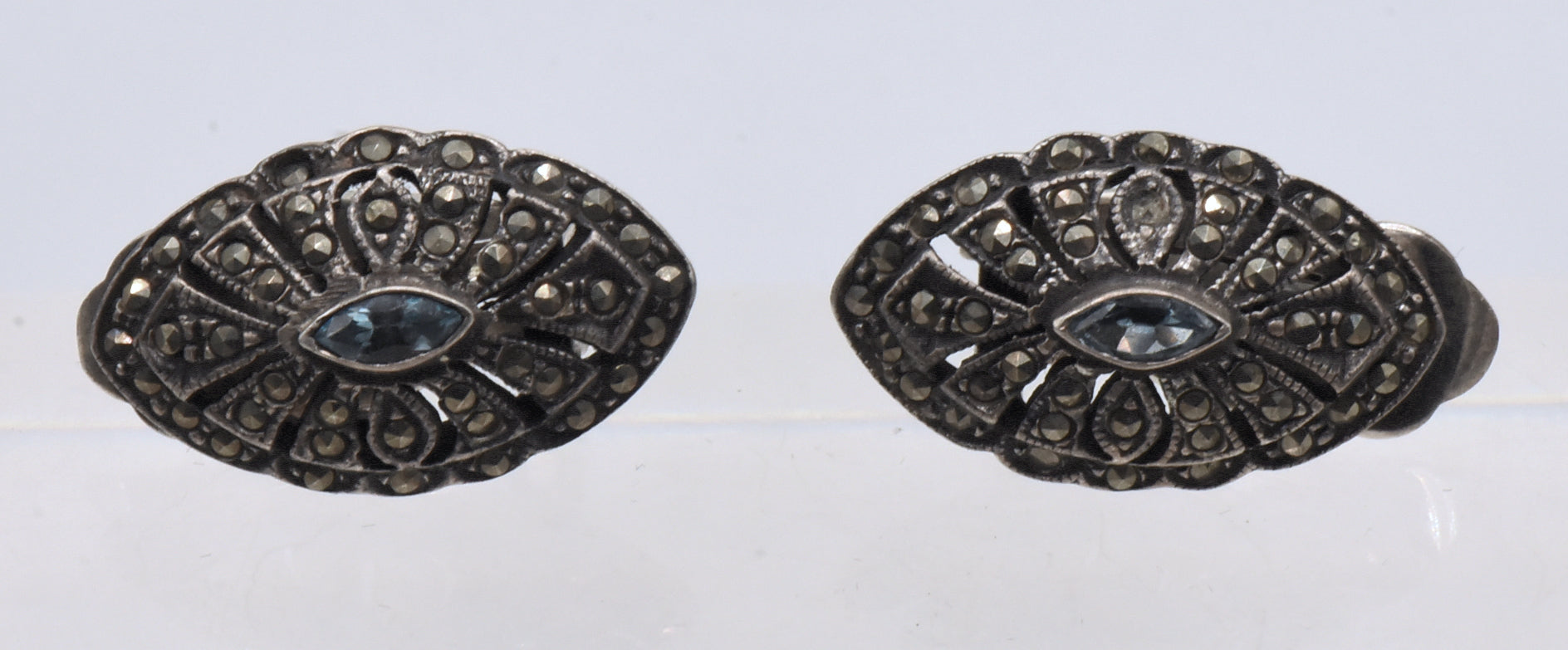 Vintage Sterling Silver Blue Topaz and Marcasite Art Deco Style Clip On Earrings