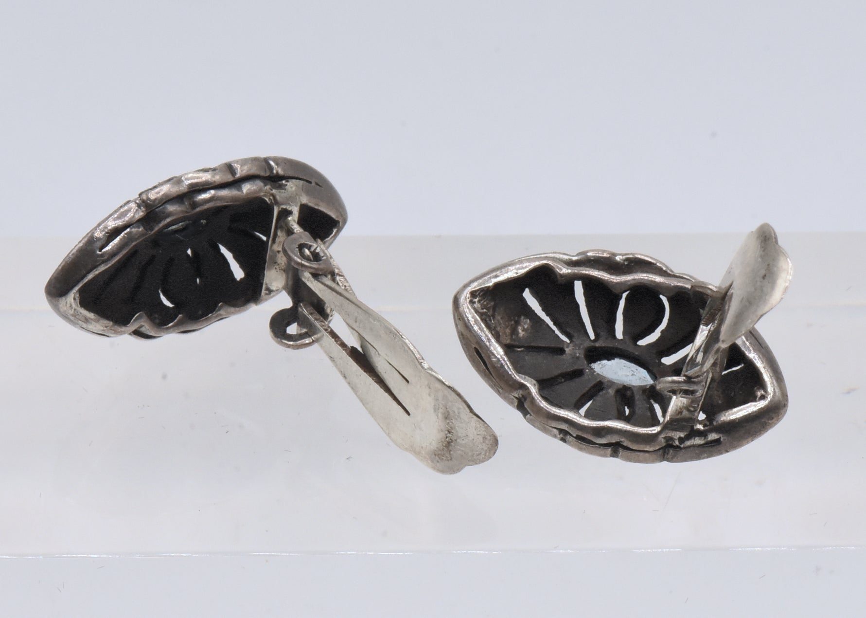 Vintage Sterling Silver Blue Topaz and Marcasite Art Deco Style Clip On Earrings