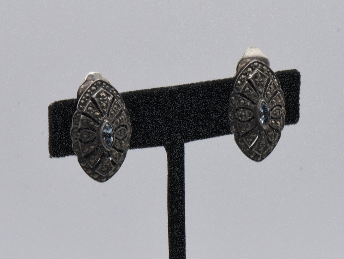 Vintage Sterling Silver Blue Topaz and Marcasite Art Deco Style Clip On Earrings