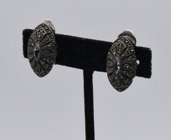 Vintage Sterling Silver Blue Topaz and Marcasite Art Deco Style Clip On Earrings
