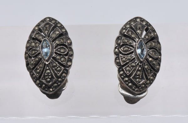 Vintage Sterling Silver Blue Topaz and Marcasite Art Deco Style Clip On Earrings