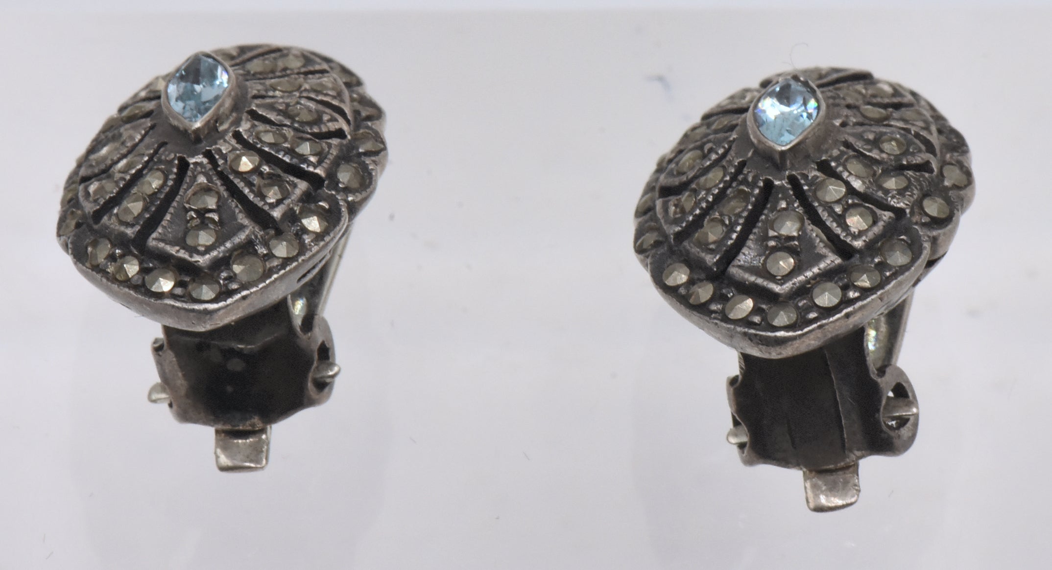 Vintage Sterling Silver Blue Topaz and Marcasite Art Deco Style Clip On Earrings