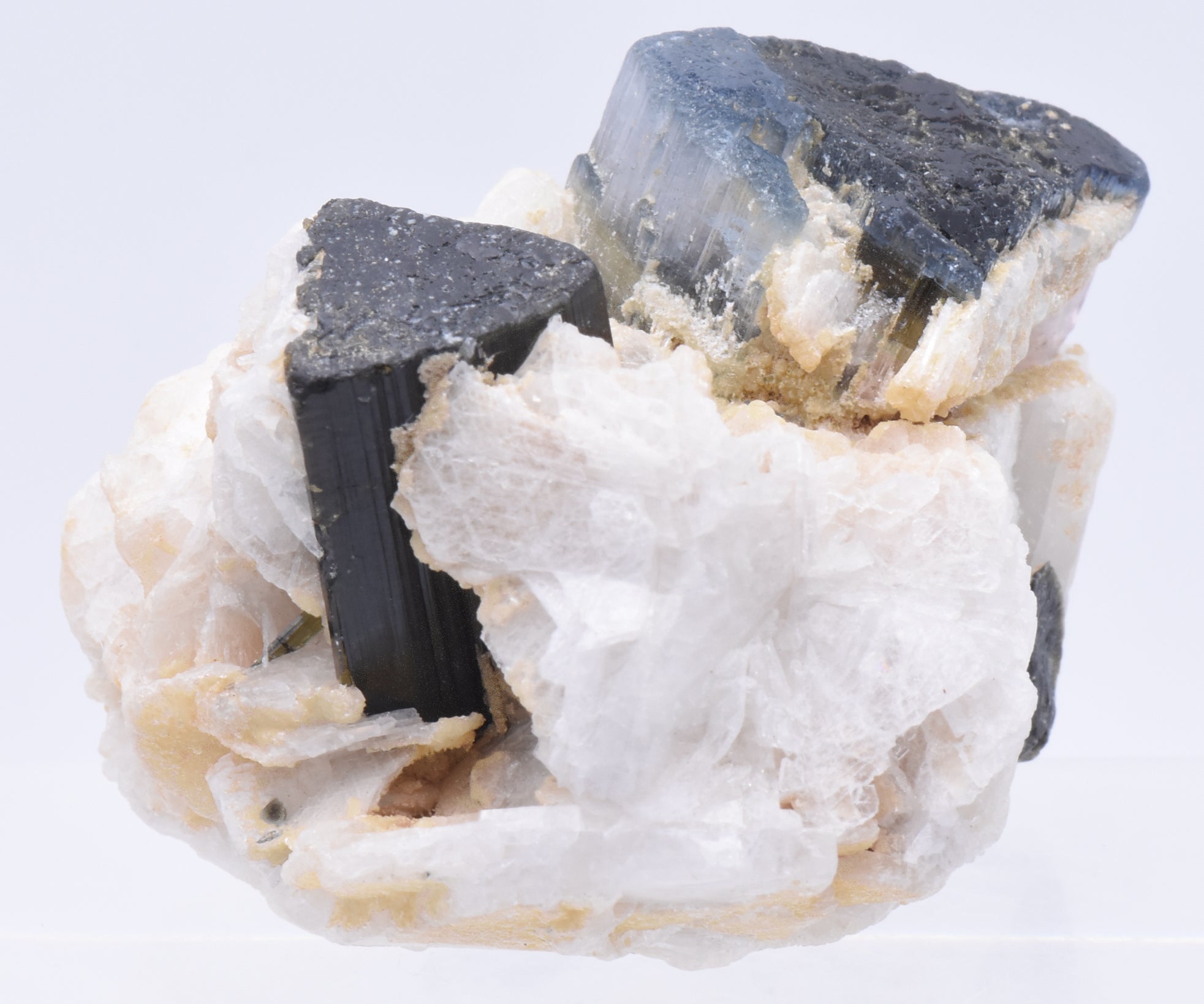 Tricolor Green, Pink, Blue Tourmaline Crystal and Dark Green Tourmaline Crystal on Feldspar with Albite - Pakistan