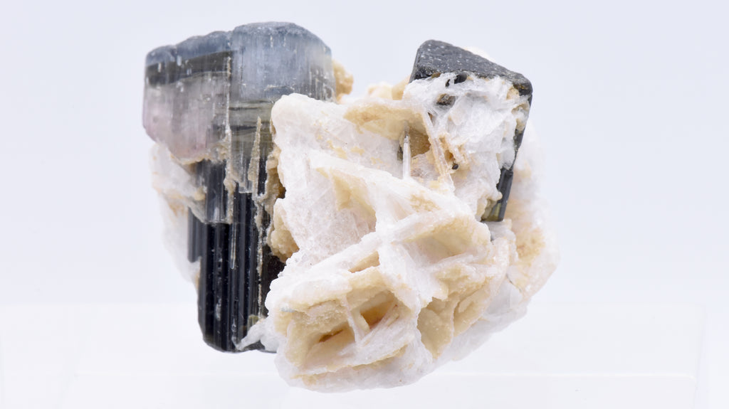 Tricolor Green, Pink, Blue Tourmaline Crystal and Dark Green Tourmaline Crystal on Feldspar with Albite - Pakistan